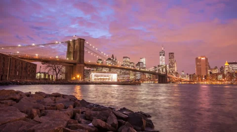 Epic Brooklyn Bridge Motion Control Timelapse at Beautiful Sunset Day to Night Stock Footage 35406899