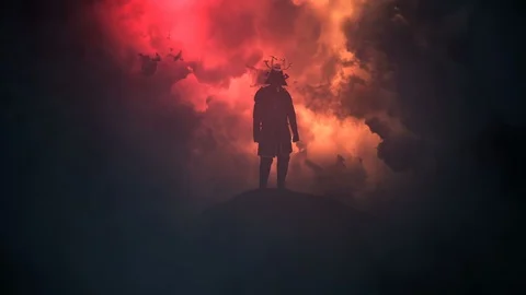 Epic Bushido Samurai Warrior Standing Under a Lightning Storm Stock Footage 115919563