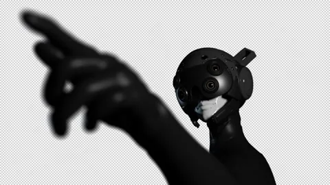 Epic camera movement around the robot pointing his index finger at the violat Stock Footage 268002541