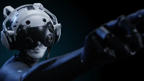 An epic camera with a robot. the robot points with his finger fixing the viol Stock-Footage 279550950