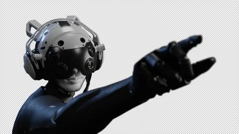 An epic camera with a robot. the robot points with his finger fixing the viol Stock-Footage 279553486