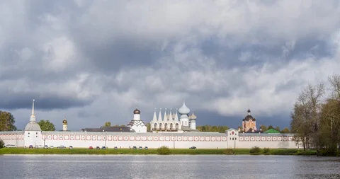 Epic clouds over the Orthodox monastery. Timelapse Stock Footage