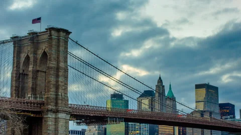 Epic Clouds Sweep Behind Brooklyn Bridge Timelapse at Sunset Stock Footage 35406683