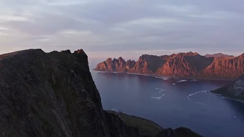 Epic color Sunset in Senja islands lofoten Norway view Husfjellet fjords Stock Footage 140723341