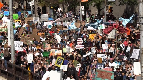 Epic crowds of young people and student protest climate change in Toronto Stock Footage