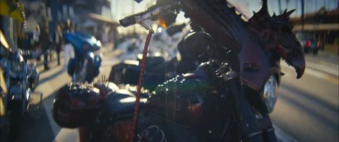Epic Custom Dragon Motorcycle Detail Shot in Venice Beach at Golden Hour Stock Footage 323155193