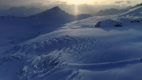 Epic dark dramatic sunset Caucasus mountain landscape glacier Sunrise From above Stock Footage 128126776