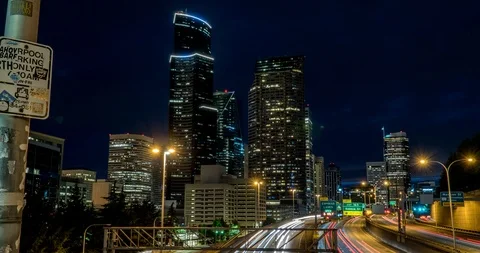 Epic day to night Hyperlapse of Seattle Skyline at sunset Stock Footage 93914814