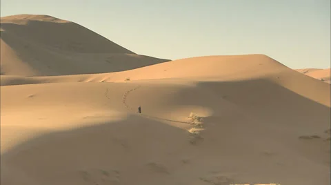 Epic desert shot of a Berber man walking across the Sahara desert Stock Footage 38604955