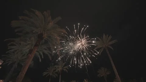 Epic display of fireworks, cinematic slow motion view of the dark night sky lit Stock Footage 337657146