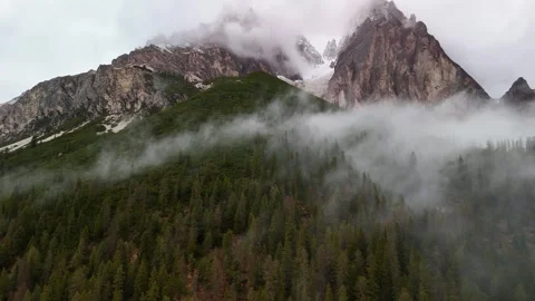 Epic Dolomites Mountains Aerial View with Morning Fog 4K Italy Stock Footage 319583717