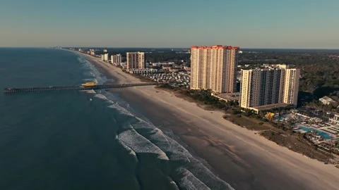 Epic Drone Aerial shot of Beach and Hotels in Myrtle Beach South Carolina 스톡 동영상 280508061