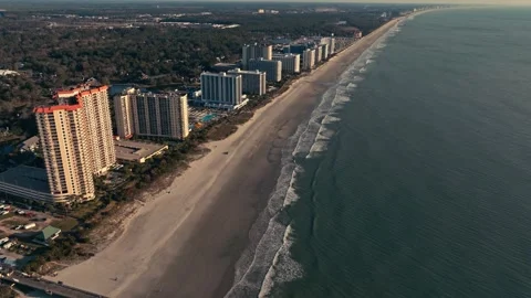 Epic Drone Aerial shot of Beach and Hotels in Myrtle Beach South Carolina Stock Footage 280508099
