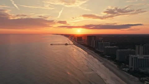 Epic Drone Aerial shot of Beach and Hotels in Myrtle Beach South Carolina Stock Footage 280508205