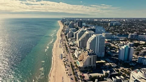 Epic Drone Aerial shot of Beach and Hotels in Fort Lauderdale Blue Ocean 스톡 동영상 280701471
