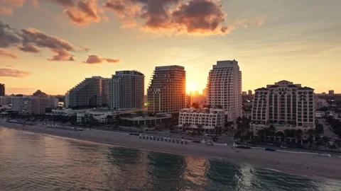 Epic Drone Aerial Sunset shot of Beach and Hotels in Fort Lauderdale Sunset Stock Footage 280701500
