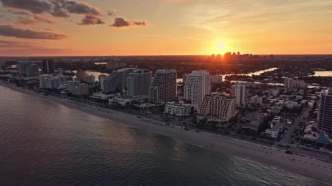 Epic Drone Aerial Sunset shot of Beach and Hotels in Fort Lauderdale Sunset Vídeos de archivo 280701522