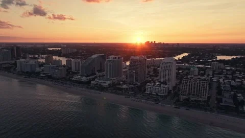 Epic Drone Aerial Sunset shot of Beach and Hotels in Fort Lauderdale Sunset Stockbeeldmateriaal 280701530