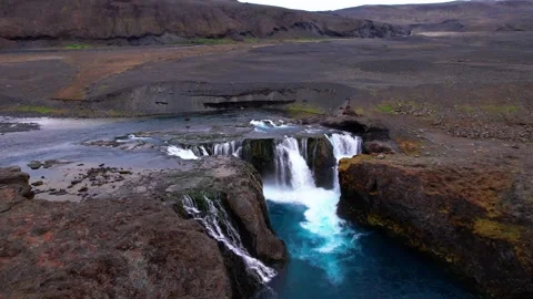Epic Drone Around Iceland Waterfall Sigoldufoss Blue Water Canyon Stock Footage 256711758