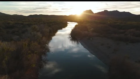 Epic Drone Fly Over River In Arizona With Reflections At Sunset Stock Footage 301143826