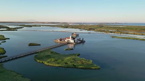 Epic Drone Orbit Revealing Porto Lagos Lagoon and Monasteries Greece Stock Footage 340215554