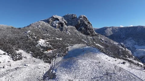 Epic Drone Push In of Frozen Forest and Snowy Peak in Sunny Winter Stock Footage 335144444