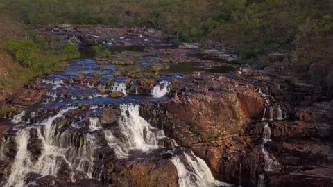 Epic Drone Push-Out Revealing Massive Couros Waterfalls in Chapada dos Video stock 301614366