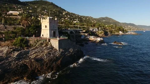 Epic drone shot of bride and groom near a castle Stock Footage 83958409