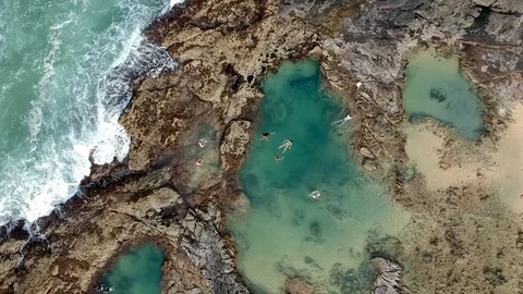 Epic drone shot of Champagne Pools on Fraser Island, Queensland, Australia Stock Footage 92065007