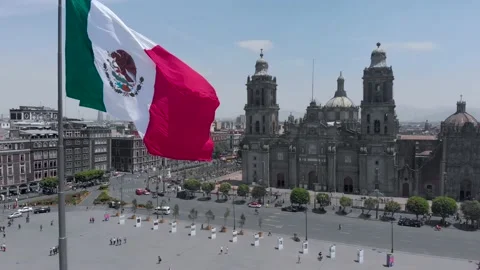 Epic Drone Shot Of Mexican Flag, Plaza De La Constitucion, Zocalo, Mexico City Video stock 154668710
