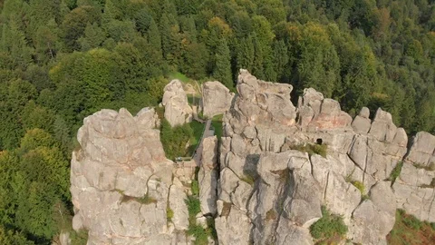 Epic drone top-down aerial view Mountains rocky valley Stock Footage 126541607
