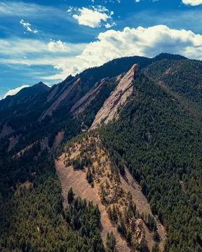 Epic drone view of boulder flatirons in colorado during summer Stock Photos
