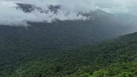 An epic drone view of lush green mountains covered in misty fog during the .. Stock Footage 314207979