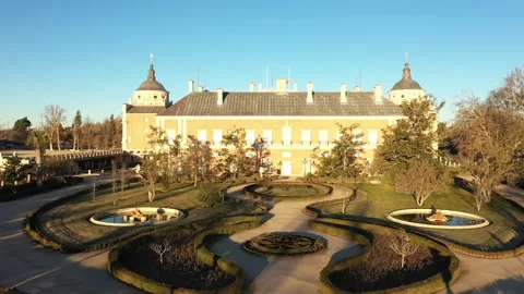 Epic Drone view of the Royal Palace and gardens of Aranjuez, Spain HD Stock Footage 288094664