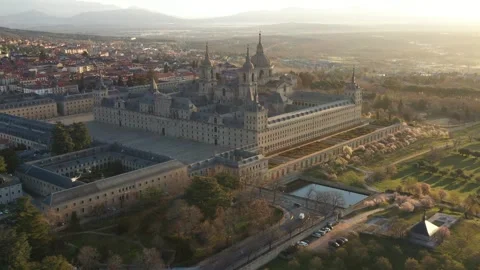 Epic Drone view at World Heritage site of Monastery of El Escorial in Spain Stock Footage 288093043