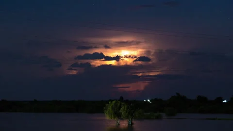Epic electric storm exploding on the horizon. Striking flashing light show Stock Footage 255108627