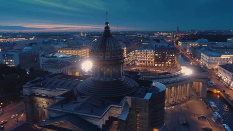 Epic flight Kazan cathedral night downtown Petersburg cityscape Church Savior Video stock 129037460