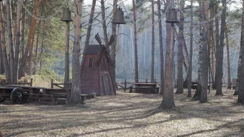 Epic forest. A small wooden mill stands among the trees in a pine forest. Video stock 187599175