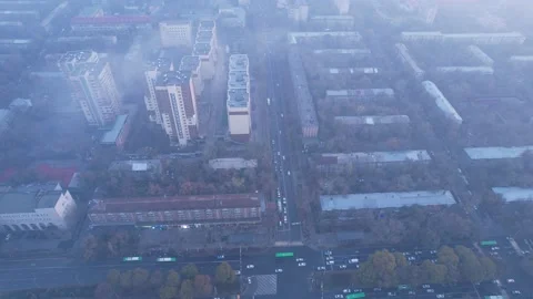 Epic gray smog is visible at sunset over the city Stock Footage 238893502