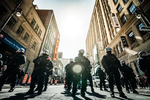 Epic Group of Cops Ready to React in case of Problem with Protesters. Stock Photos