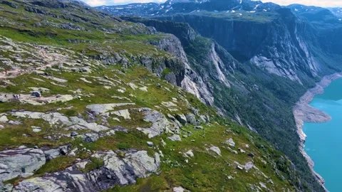 Epic Hike to Trolltunga: The Scenic Trail Over Ringdalsvatnet Stock Footage 282396060