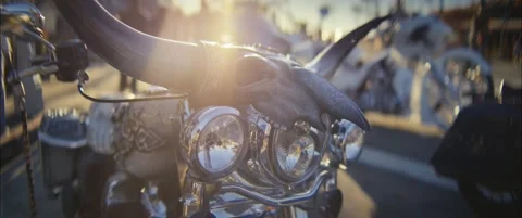 Epic Horned Custom Motorcycle Close-Up at Venice Beach During Golden Hour – Cine Stock Footage 323155211