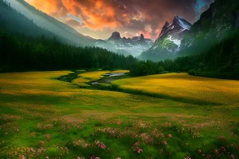 Epic meadow landscape with mountains イラスト素材