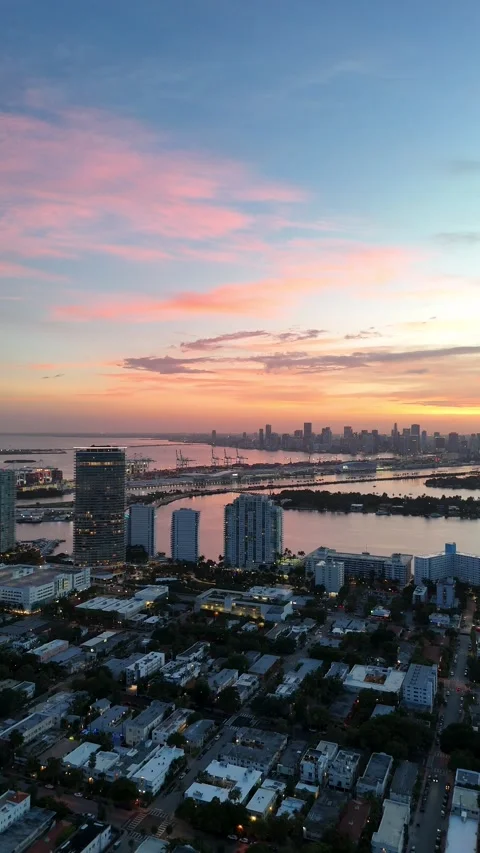 Epic Miami Sunset Skyline Drone Footage in 4K Stock Footage 316786149
