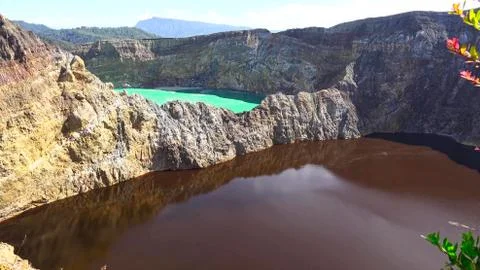 Epic mountain view three colored lake of Kelimutu Mountain Stock Photos