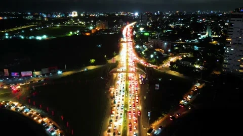 Epic night busy road drone shot, Accra Stock Footage 219367686