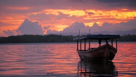 Epic Ocean Sunset With Boat And Pink Clouds Stock Footage 121389531