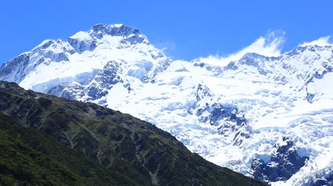 Epic pan across snow covered mountains, Mt Cook, New Zealand. Stock Footage 34345825