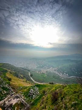 Epic panoramic view of Pergamon Acropolis and ancient theater, a legacy of .. Stock Photos