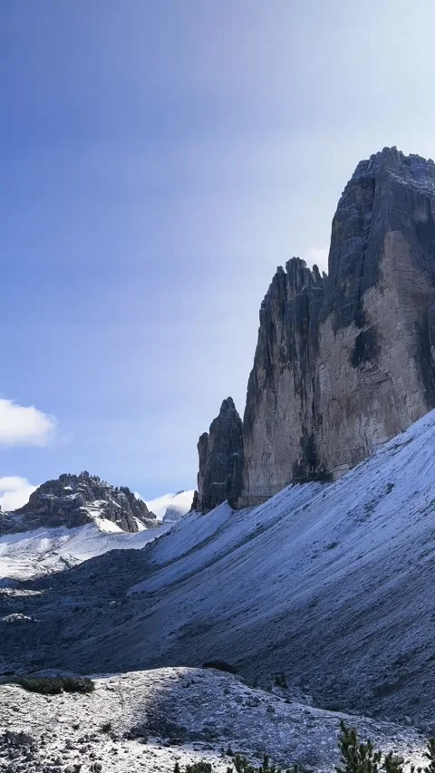 Epic panoramic view of Tre Cime di Lavaredo peaks and alpine valley. Stock Footage 330437450